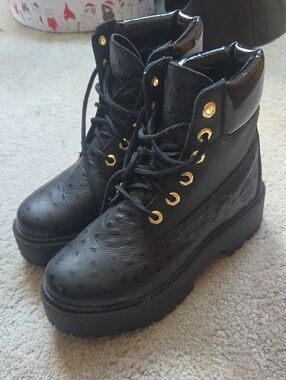 Timberland Black Lace-Up Platform Boots with Gold Eyelets